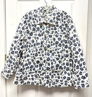 CJ Banks Jacket Floral Corduroy Womens 1X Blue Cream Stretch Button Front